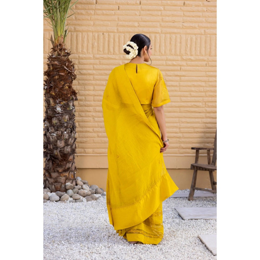 Janki India Yellow Chanderi Saree with Stitched Blouse and Petticoat