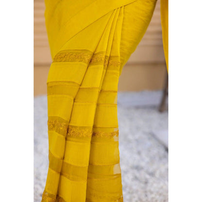 Janki India Yellow Chanderi Saree with Stitched Blouse and Petticoat