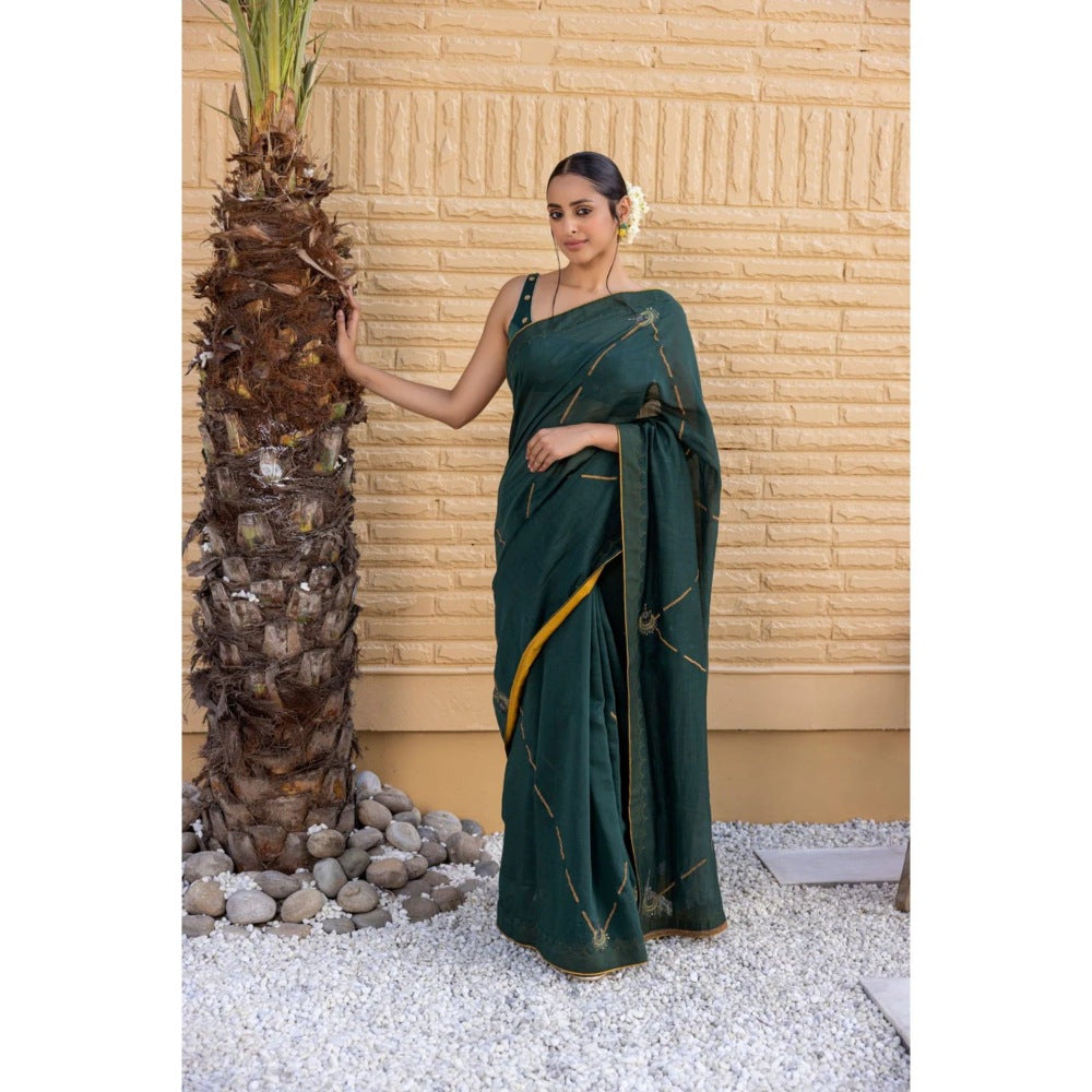 Janki India Emerald Green Chanderi Saree with Stitched Blouse and Petticoat