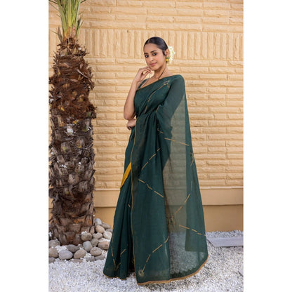 Janki India Emerald Green Chanderi Saree with Stitched Blouse and Petticoat