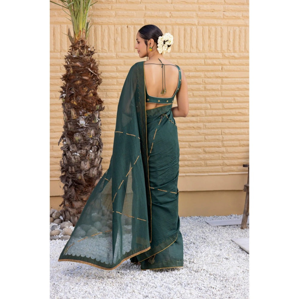 Janki India Emerald Green Chanderi Saree with Stitched Blouse and Petticoat