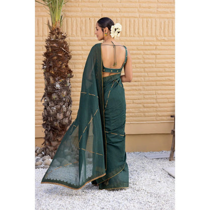 Janki India Emerald Green Chanderi Saree with Stitched Blouse and Petticoat
