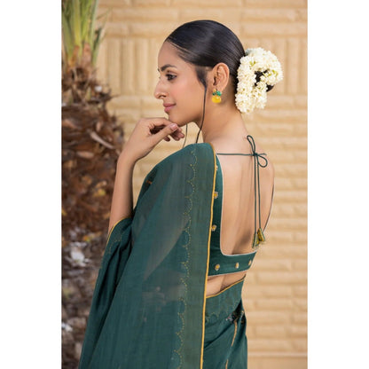 Janki India Emerald Green Chanderi Saree with Stitched Blouse and Petticoat