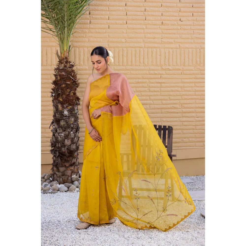 Janki India Yellow Organza Silk Saree with Stitched Blouse and Petticoat