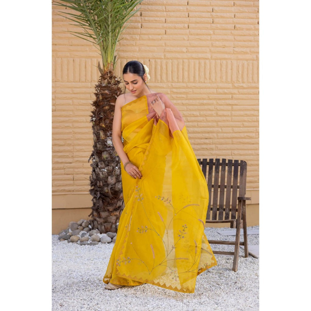 Janki India Yellow Organza Silk Saree with Stitched Blouse and Petticoat