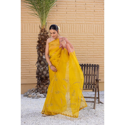 Janki India Yellow Organza Silk Saree with Stitched Blouse and Petticoat