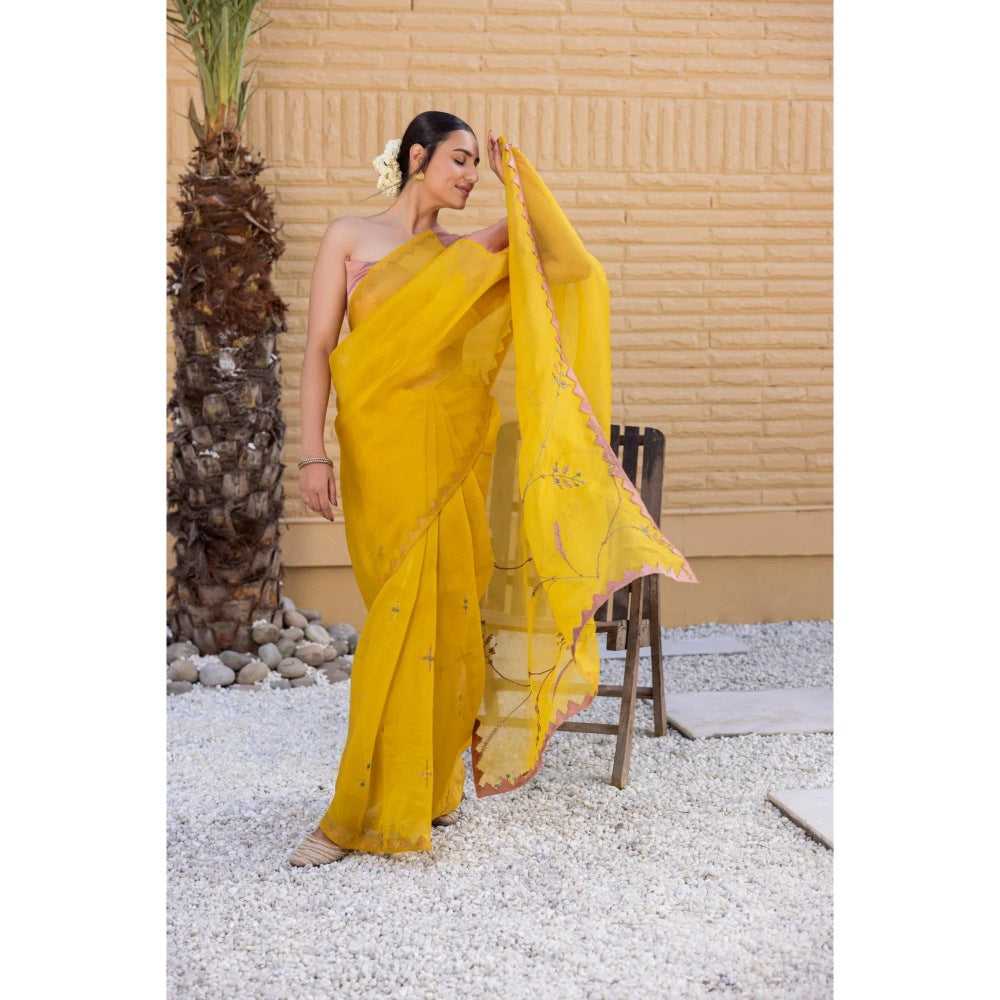 Janki India Yellow Organza Silk Saree with Stitched Blouse and Petticoat