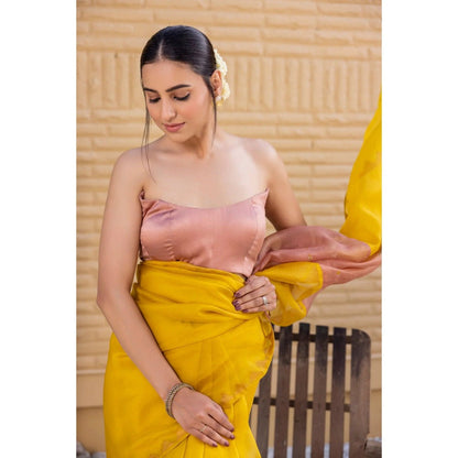 Janki India Yellow Organza Silk Saree with Stitched Blouse and Petticoat