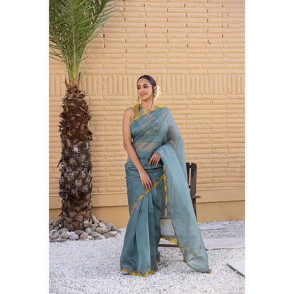 Janki India Teal Organza Saree with Stitched Blouse and Petticoat