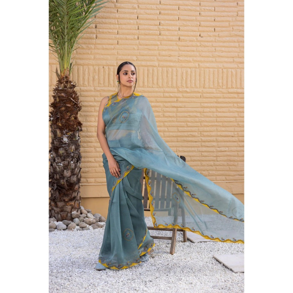Janki India Teal Organza Saree with Stitched Blouse and Petticoat
