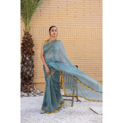Janki India Teal Organza Saree with Stitched Blouse and Petticoat