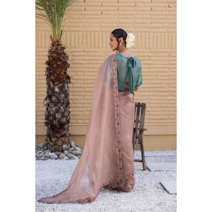 Janki India Rose Gold Organza Saree with Stitched Blouse, Cape and Petticoat