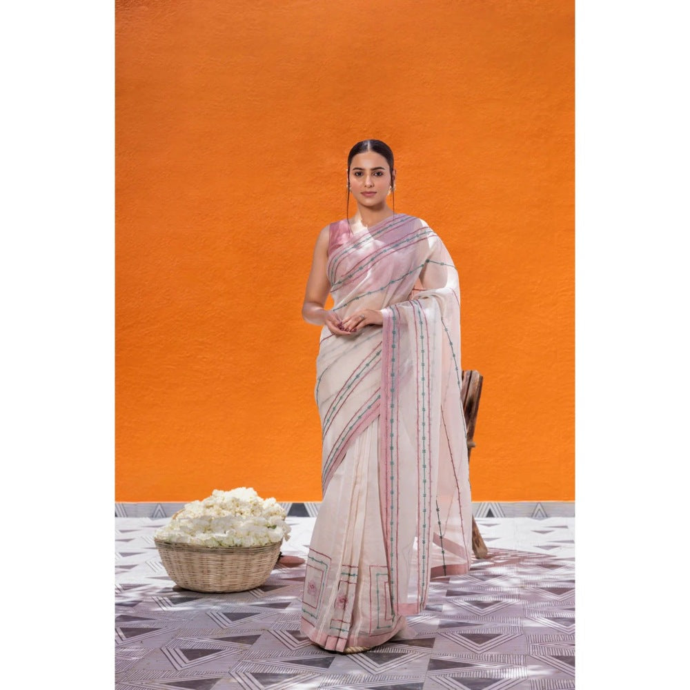 Janki India Ivory Organza Saree with Stitched Blouse and Petticoat
