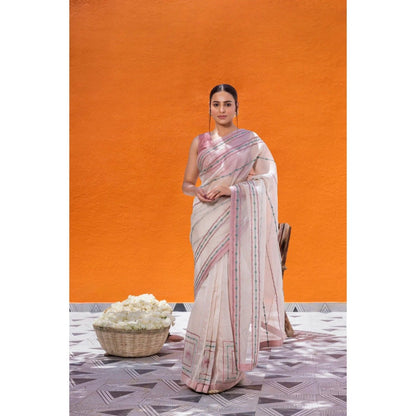 Janki India Ivory Organza Saree with Stitched Blouse and Petticoat
