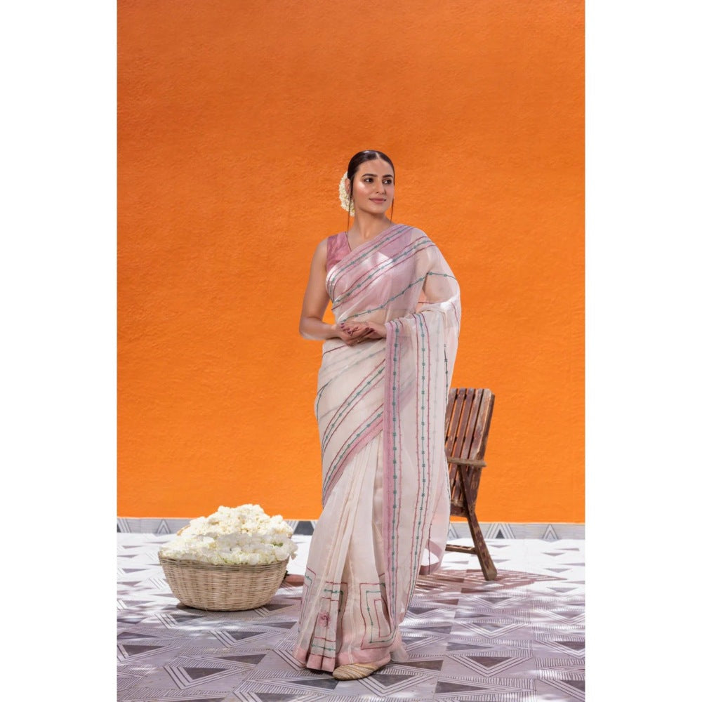 Janki India Ivory Organza Saree with Stitched Blouse and Petticoat