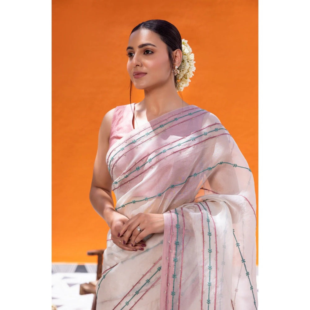 Janki India Ivory Organza Saree with Stitched Blouse and Petticoat
