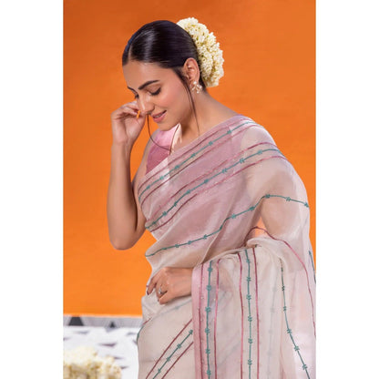 Janki India Ivory Organza Saree with Stitched Blouse and Petticoat