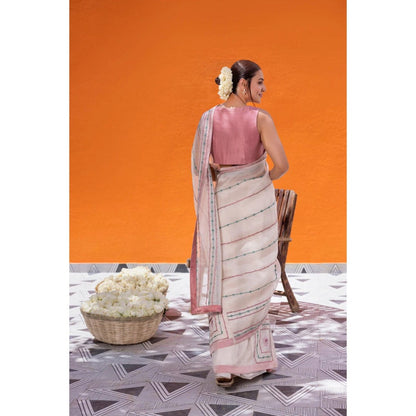 Janki India Ivory Organza Saree with Stitched Blouse and Petticoat