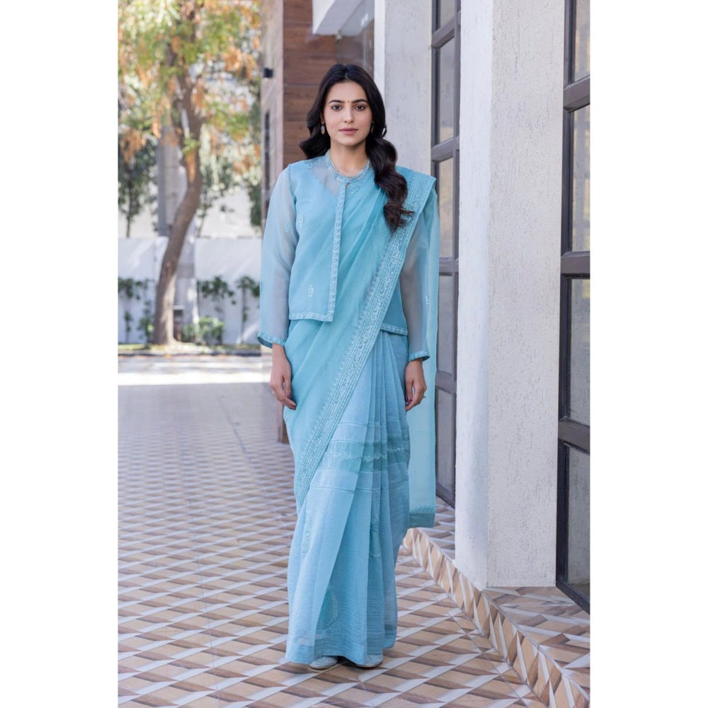 Janki India Sky Blue Chanderi Embroidered Saree with Stitched Blouse, Short Jacket and Petticoat