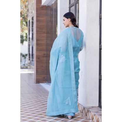 Janki India Sky Blue Chanderi Embroidered Saree with Stitched Blouse, Short Jacket and Petticoat