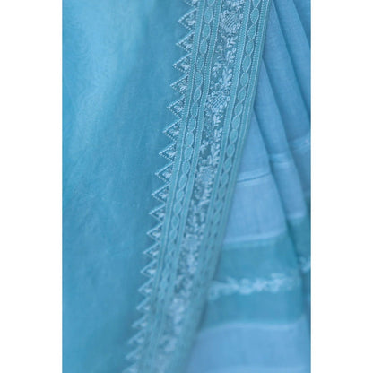 Janki India Sky Blue Chanderi Embroidered Saree with Stitched Blouse, Short Jacket and Petticoat