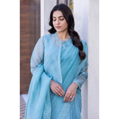 Janki India Sky Blue Chanderi Embroidered Saree with Stitched Blouse, Short Jacket and Petticoat