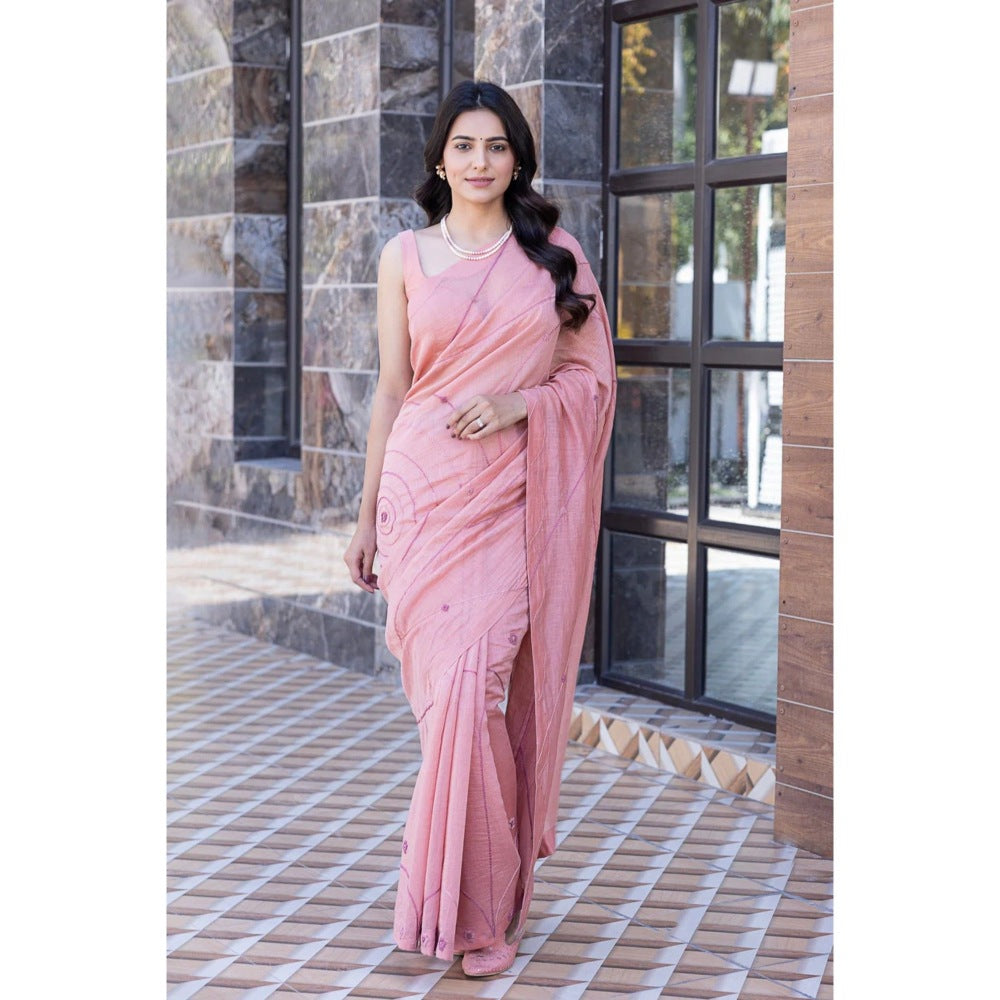 Janki India Pink Chanderi Embroidered Saree with Stitched Blouse, Short Jacket and Petticoat