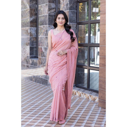 Janki India Pink Chanderi Embroidered Saree with Stitched Blouse, Short Jacket and Petticoat