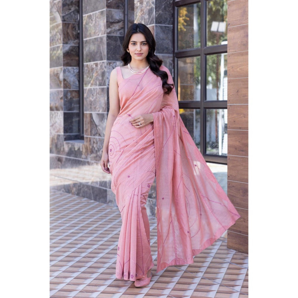 Janki India Pink Chanderi Embroidered Saree with Stitched Blouse, Short Jacket and Petticoat