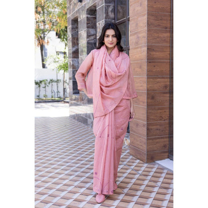 Janki India Pink Chanderi Embroidered Saree with Stitched Blouse, Short Jacket and Petticoat