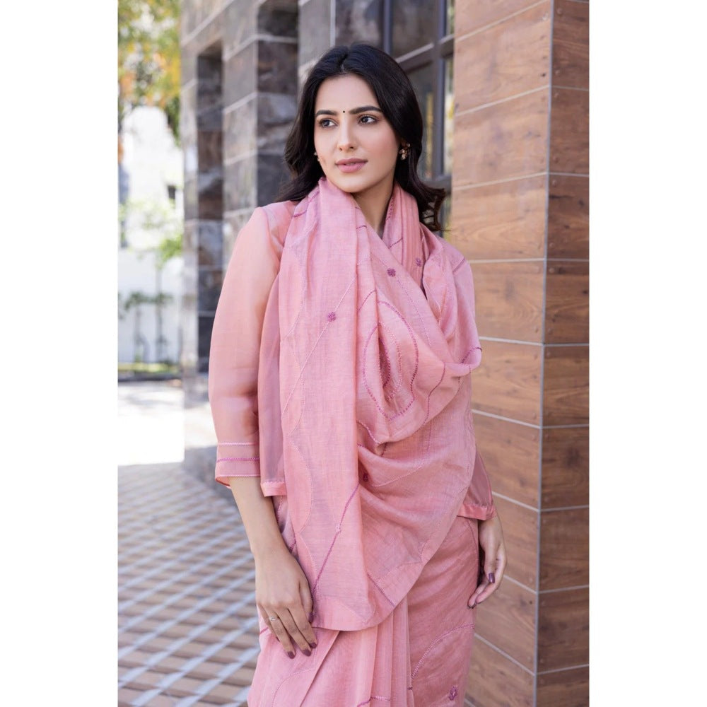 Janki India Pink Chanderi Embroidered Saree with Stitched Blouse, Short Jacket and Petticoat