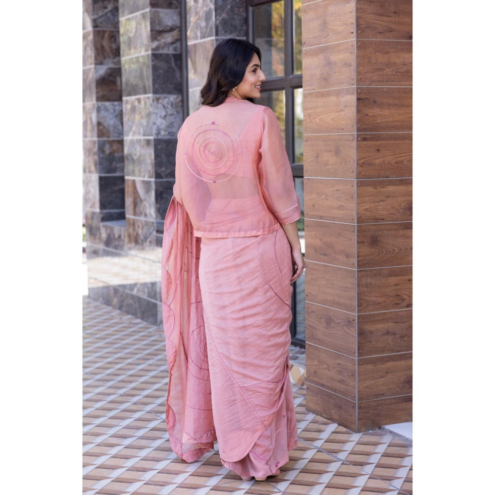 Janki India Pink Chanderi Embroidered Saree with Stitched Blouse, Short Jacket and Petticoat