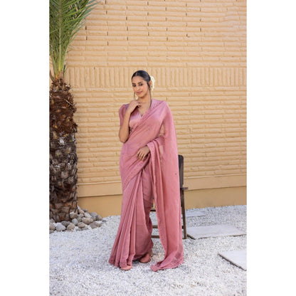 Janki India Pink Chanderi Silk Saree with Stitched Blouse and Petticoat