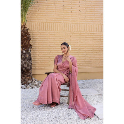 Janki India Pink Chanderi Silk Saree with Stitched Blouse and Petticoat