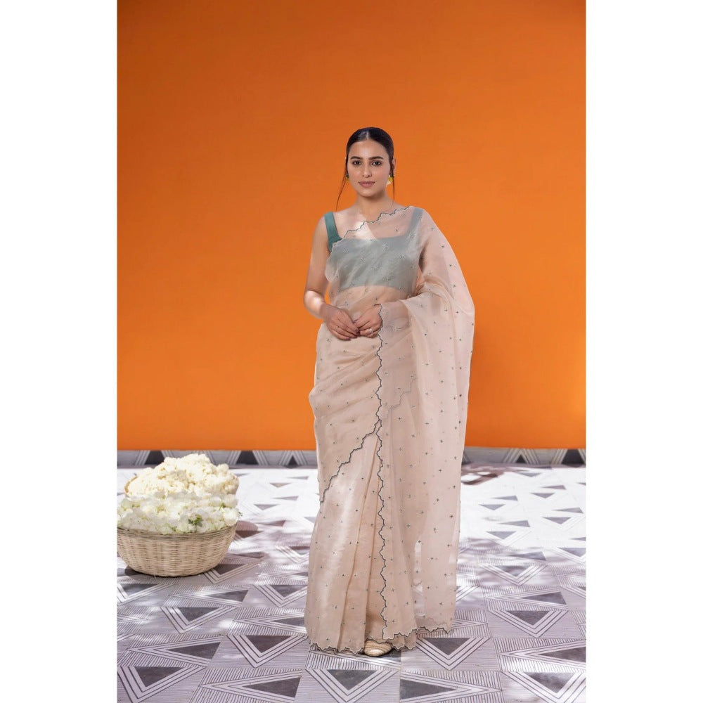 Janki India Ivory Organza Saree with Stitched Blouse and Petticoat