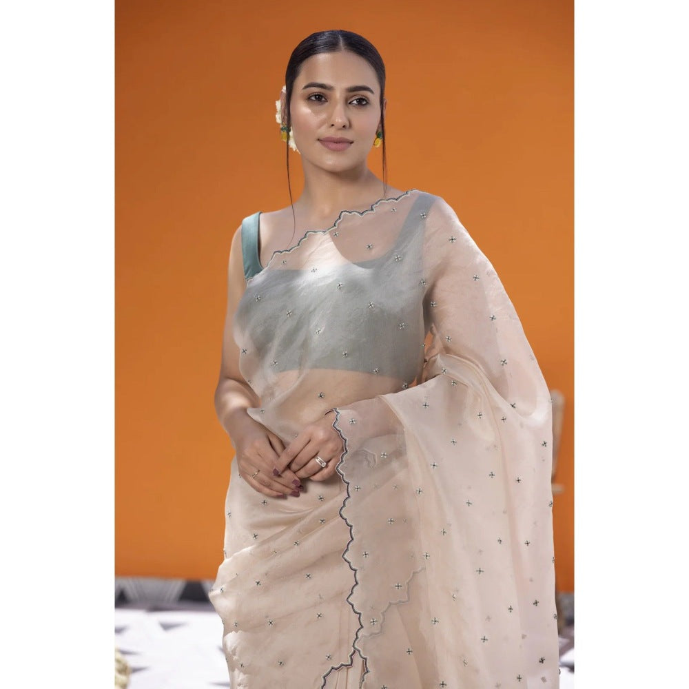 Janki India Ivory Organza Saree with Stitched Blouse and Petticoat