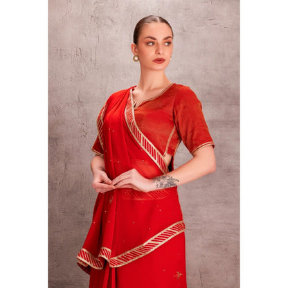 Janki India Orange Chiffon Saree with Stitched Blouse and Petticoat