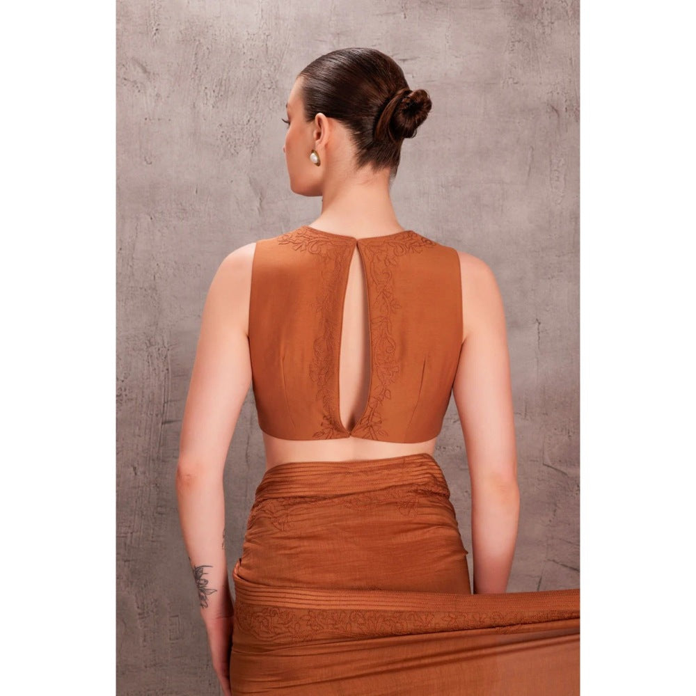 Janki India Brown Chanderi Shadow Saree with Stitched Blouse and Petticoat