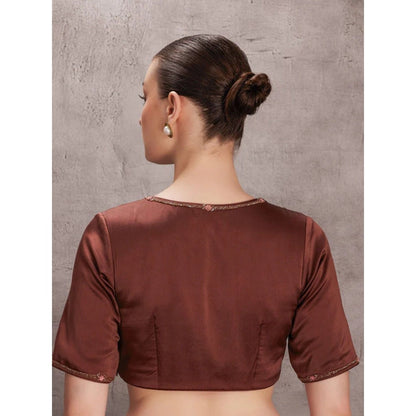 Janki India Brown Organza Saree with Stitched Blouse and Petticoat