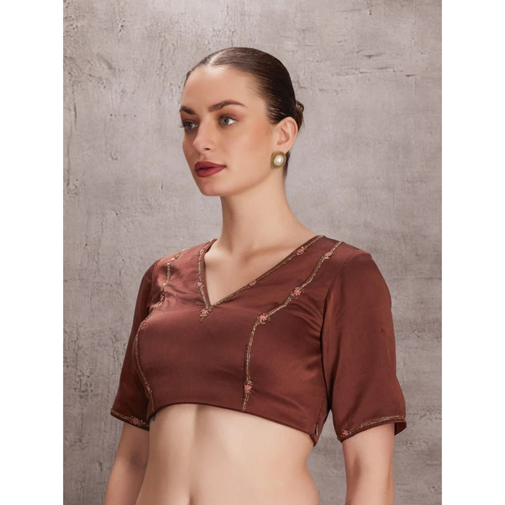 Janki India Brown Organza Saree with Stitched Blouse and Petticoat