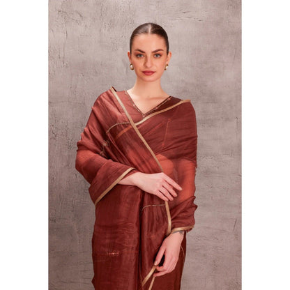 Janki India Brown Organza Saree with Stitched Blouse and Petticoat