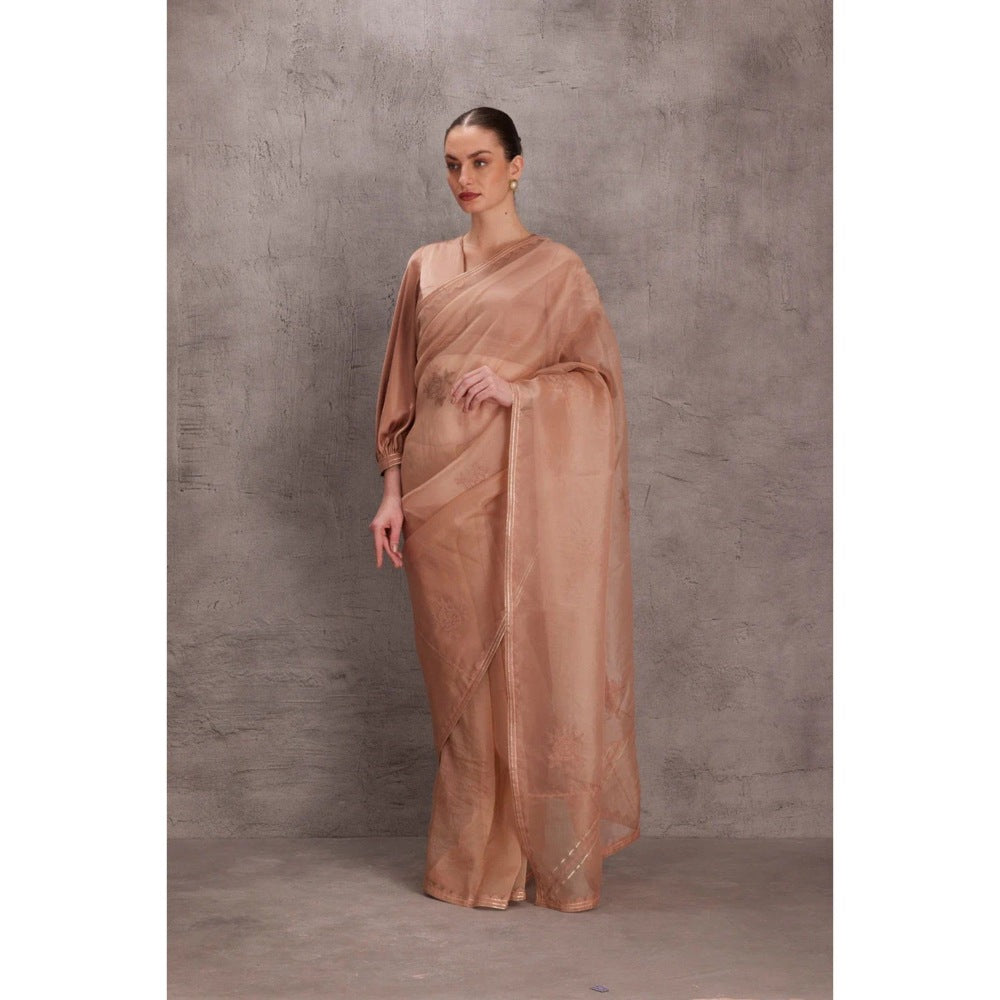 Janki India Rose Gold Organza Saree with Stitched Blouse and Petticoat