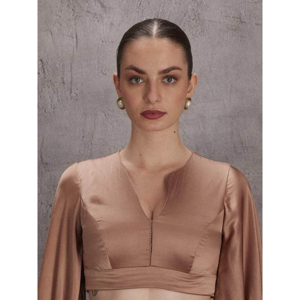 Janki India Rose Gold Organza Saree with Stitched Blouse and Petticoat