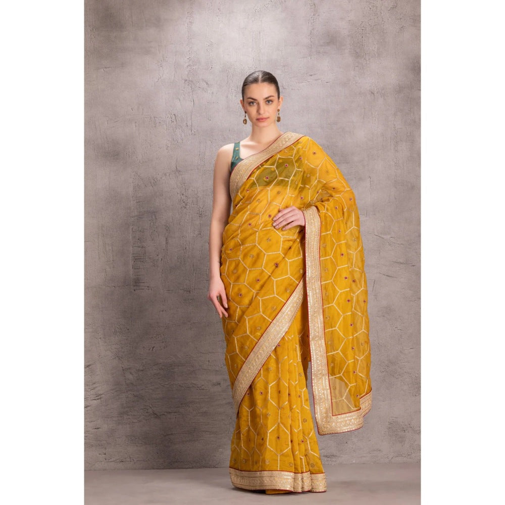 Janki India Yellow Organza Silk Saree with Stitched Blouse Comes and Petticoat
