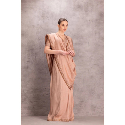 Janki India Rose Gold Muga Silk Saree with Stitched Blouse and Petticoat