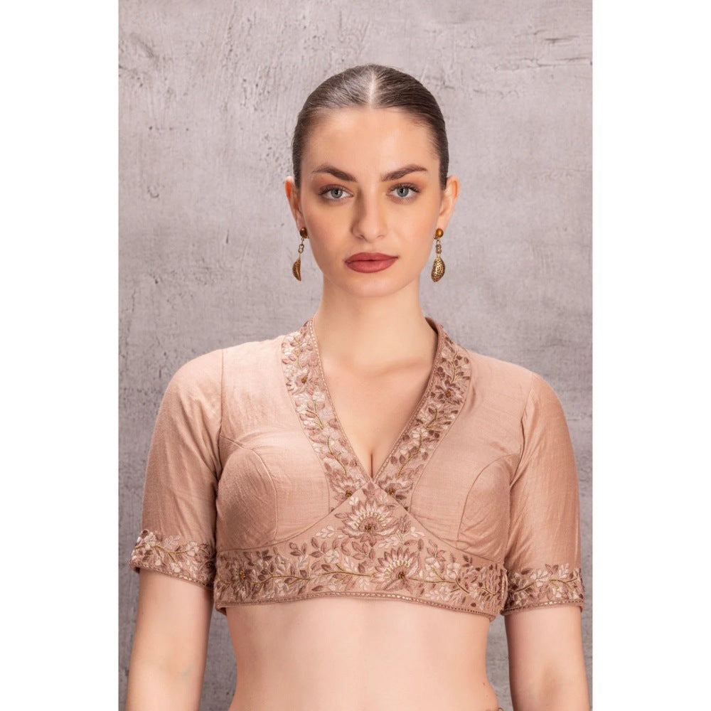 Janki India Rose Gold Muga Silk Saree with Stitched Blouse and Petticoat