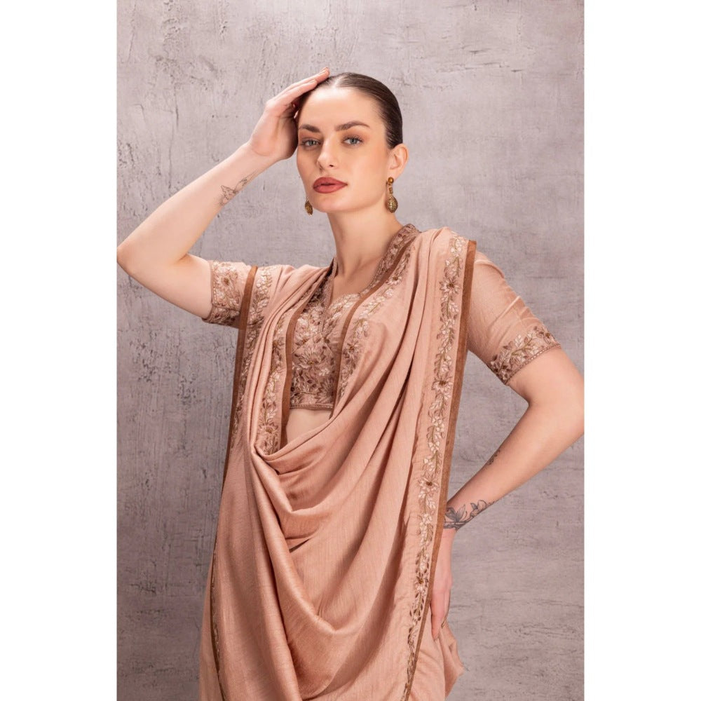 Janki India Rose Gold Muga Silk Saree with Stitched Blouse and Petticoat