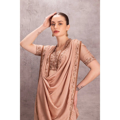 Janki India Rose Gold Muga Silk Saree with Stitched Blouse and Petticoat