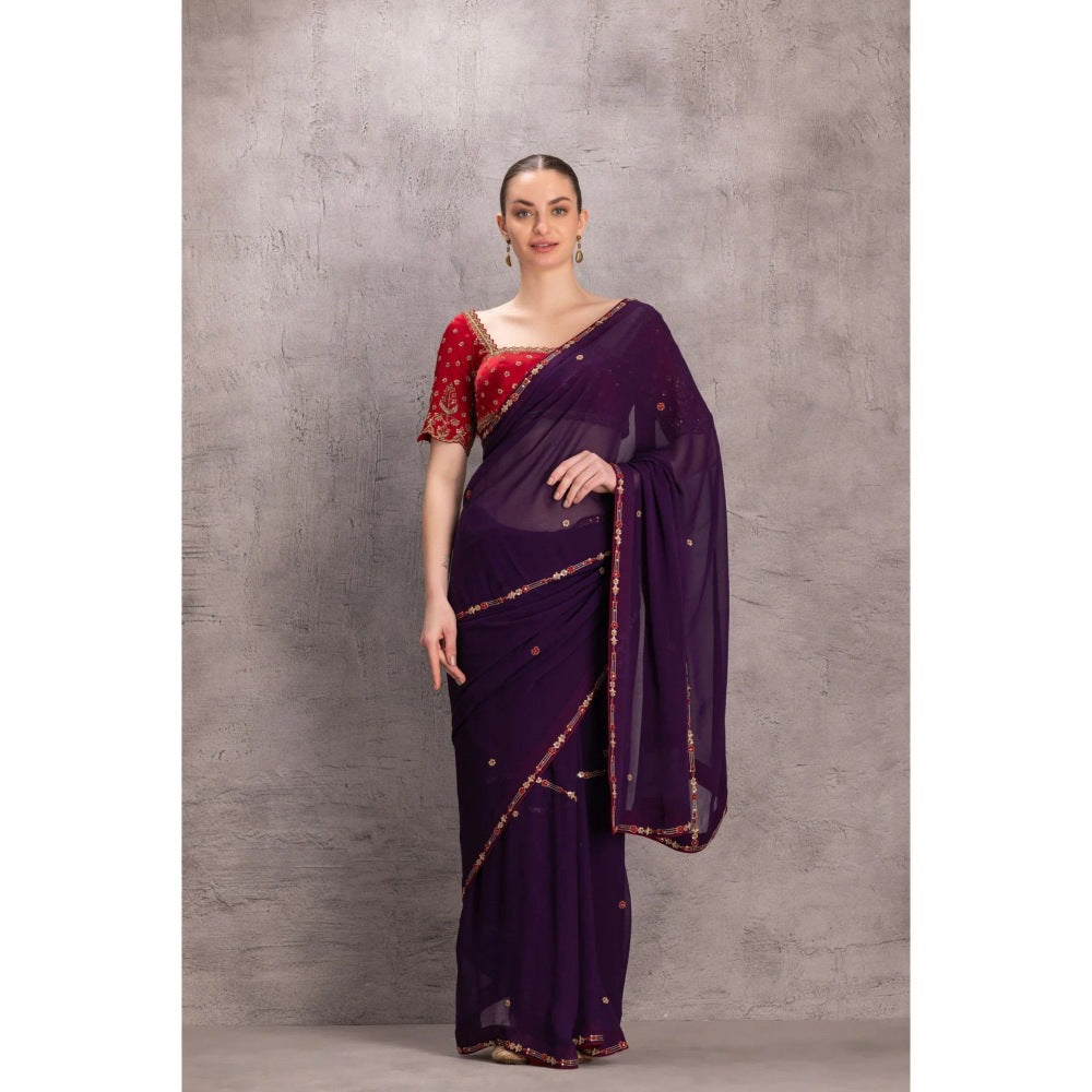 Janki India Purple Georgette Saree with Stitched Blouse and Petticoat