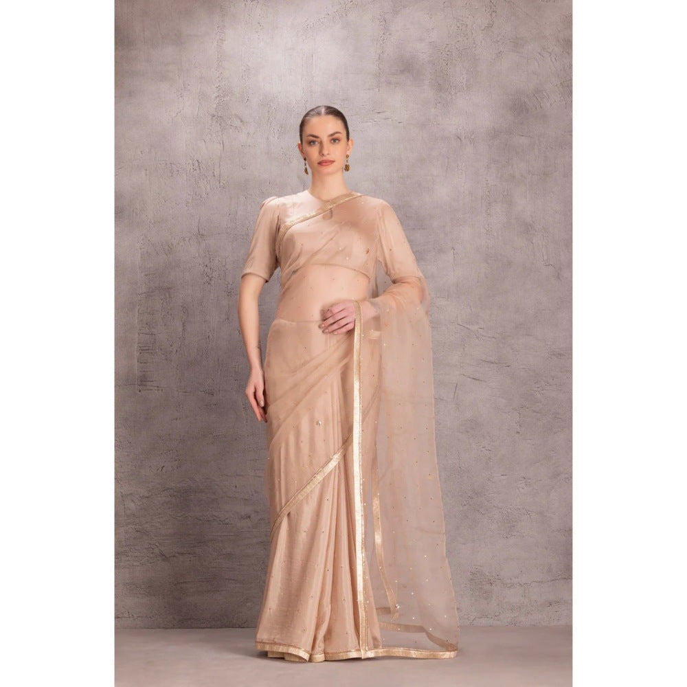 Janki India Beige Organza Saree with Stitched Blouse and Petticoat